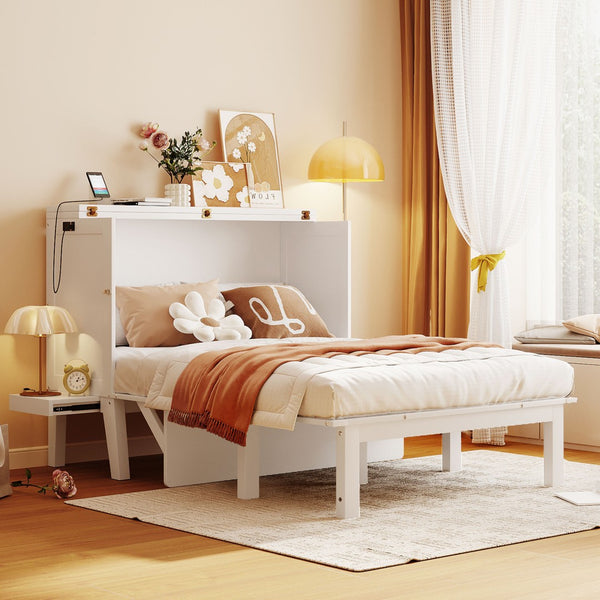HomeRoots White Wood Full Murphy Bed – Elegant Space-Saving Solution with Integrated Headboard & Easy Setup 602152
