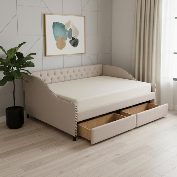 HomeRoots Beige Upholstered Full Bed Frame with Storage Drawers - Modern Design for Cozy Bedrooms & Smart Organization 602155