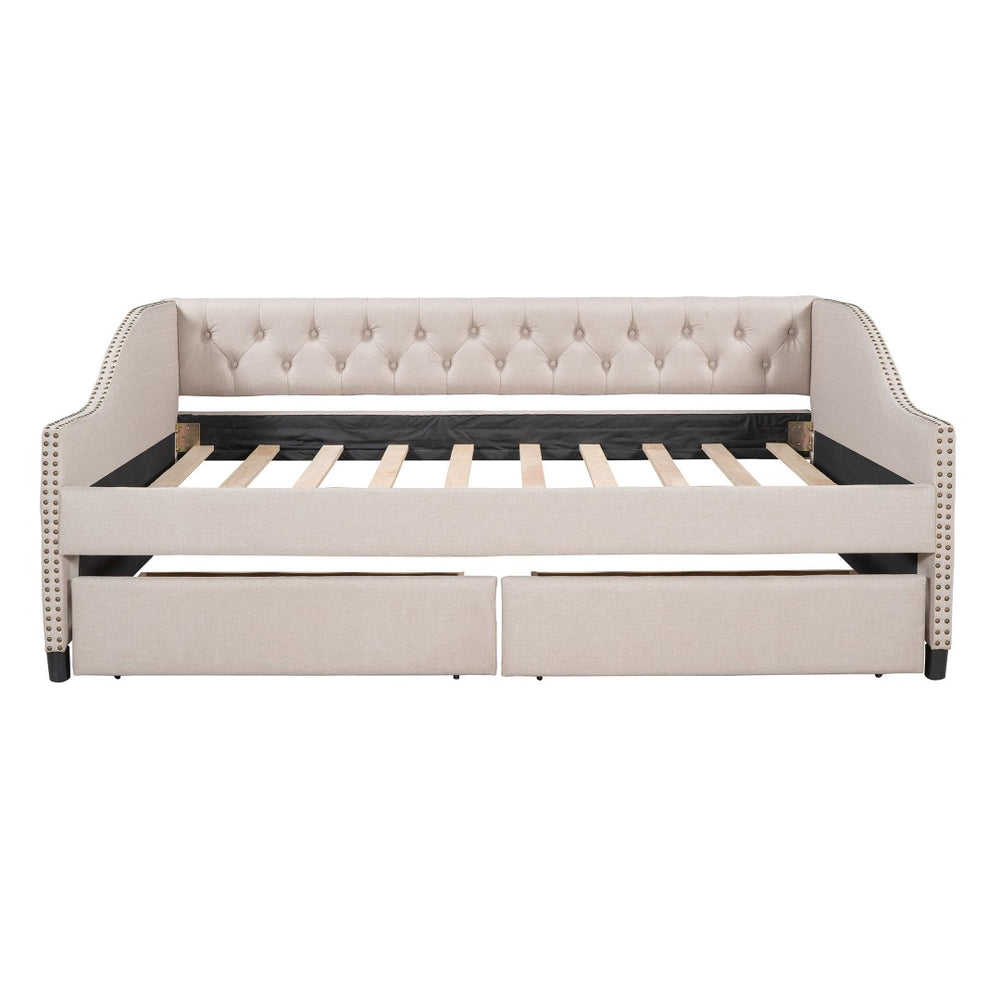 HomeRoots Beige Upholstered Full Bed Frame with Storage Drawers - Modern Design for Cozy Bedrooms & Smart Organization 602155