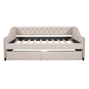 HomeRoots Beige Upholstered Full Bed Frame with Storage Drawers - Modern Design for Cozy Bedrooms & Smart Organization 602155