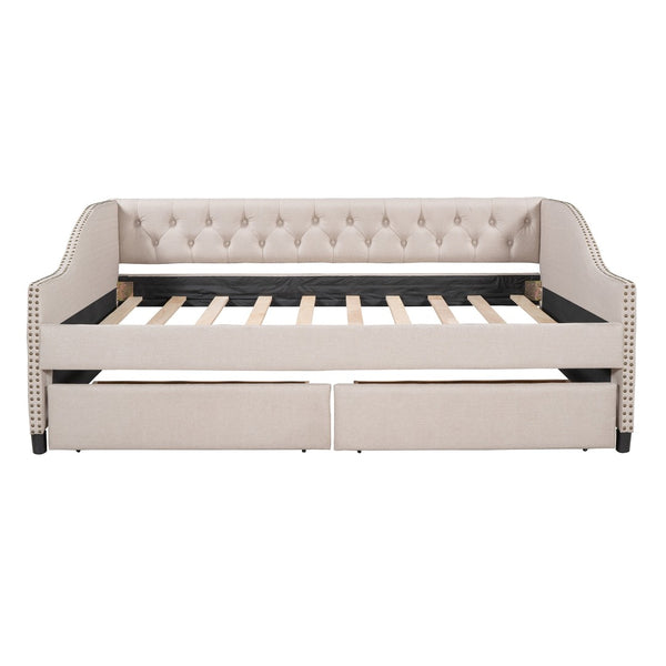 HomeRoots Beige Upholstered Full Bed Frame with Storage Drawers - Modern Design for Cozy Bedrooms & Smart Organization 602155