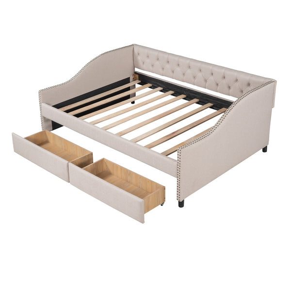 HomeRoots Beige Upholstered Full Bed Frame with Storage Drawers - Modern Design for Cozy Bedrooms & Smart Organization 602155