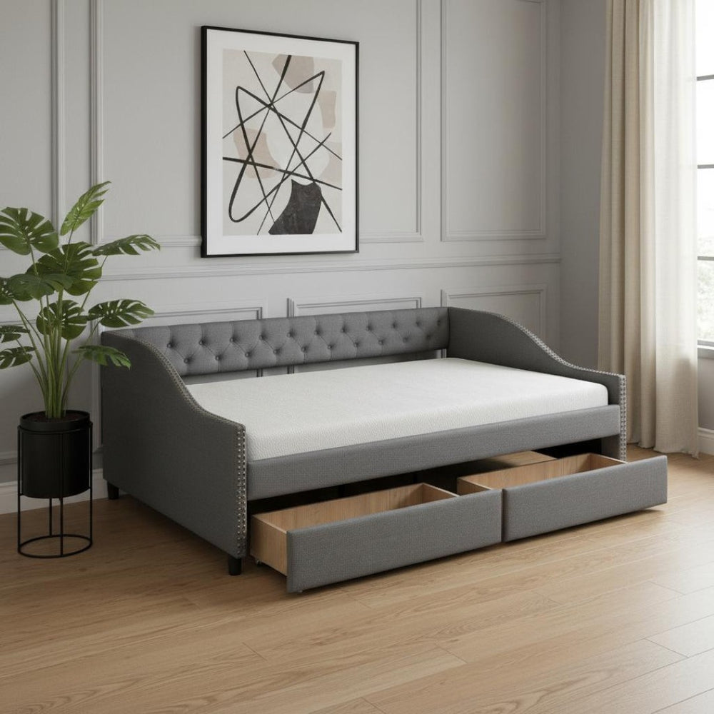 HomeRoots Gray Upholstered Full Bed Frame with Storage Drawers – Stylish Comfort and Functionality Combined! 602156