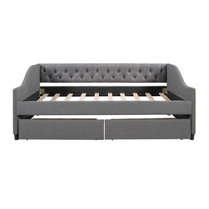 HomeRoots Gray Upholstered Full Bed Frame with Storage Drawers – Stylish Comfort and Functionality Combined! 602156
