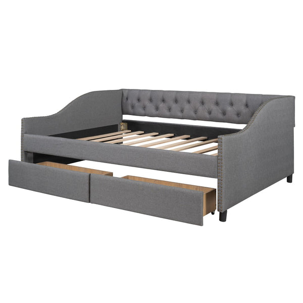 HomeRoots Gray Upholstered Full Bed Frame with Storage Drawers – Stylish Comfort and Functionality Combined! 602156