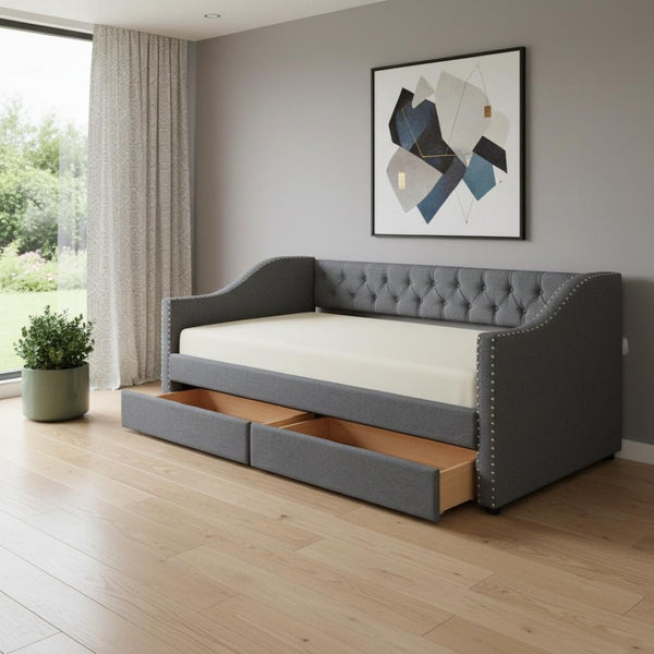 HomeRoots Gray Upholstered Twin Bed Frame with Storage Drawers – Modern Comfort for Stylish Bedrooms & Dorms 602160