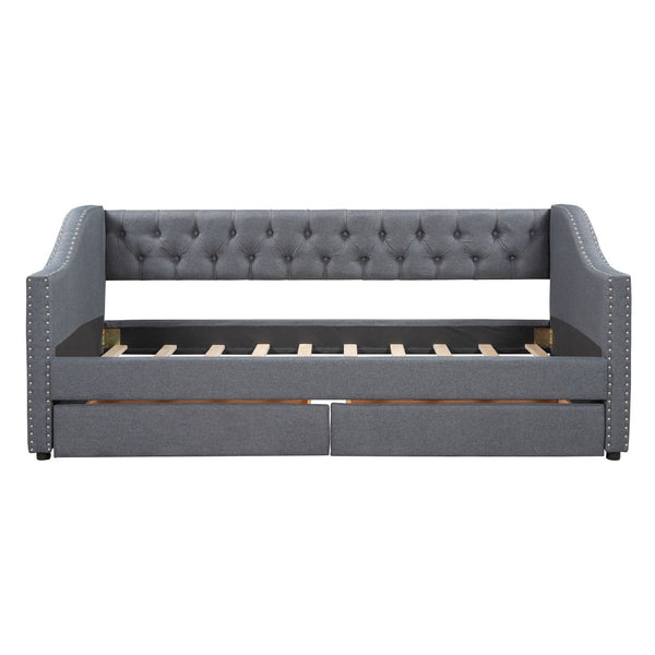 HomeRoots Gray Upholstered Twin Bed Frame with Storage Drawers – Modern Comfort for Stylish Bedrooms & Dorms 602160