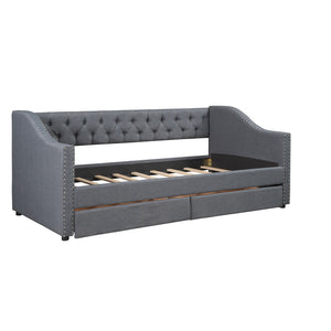 HomeRoots Gray Upholstered Twin Bed Frame with Storage Drawers – Modern Comfort for Stylish Bedrooms & Dorms 602160