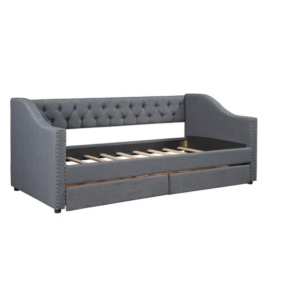 HomeRoots Gray Upholstered Twin Bed Frame with Storage Drawers – Modern Comfort for Stylish Bedrooms & Dorms 602160