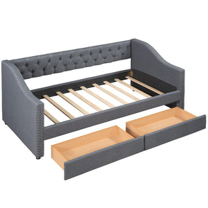 HomeRoots Gray Upholstered Twin Bed Frame with Storage Drawers – Modern Comfort for Stylish Bedrooms & Dorms 602160
