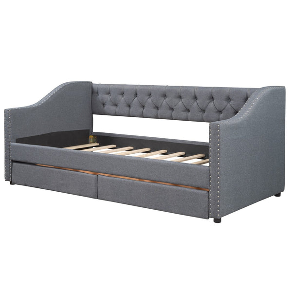 HomeRoots Gray Upholstered Twin Bed Frame with Storage Drawers – Modern Comfort for Stylish Bedrooms & Dorms 602160
