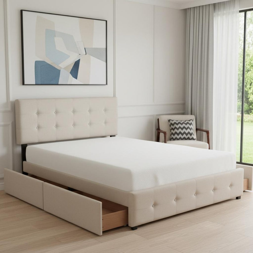 HomeRoots Beige Linen Upholstered Queen Bed Frame with Drawers – Stylish, Durable Storage & Comfort Design 602161