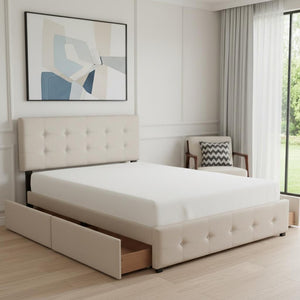 HomeRoots Beige Linen Upholstered Queen Bed Frame with Drawers – Stylish, Durable Storage & Comfort Design 602161