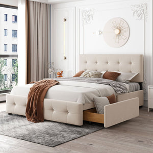 HomeRoots Beige Linen Upholstered Queen Bed Frame with Drawers – Stylish, Durable Storage & Comfort Design 602161