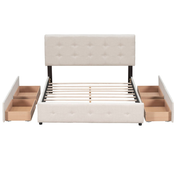 HomeRoots Beige Linen Upholstered Queen Bed Frame with Drawers – Stylish, Durable Storage & Comfort Design 602161
