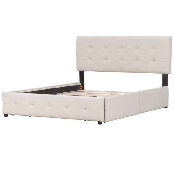 HomeRoots Beige Linen Upholstered Queen Bed Frame with Drawers – Stylish, Durable Storage & Comfort Design 602161