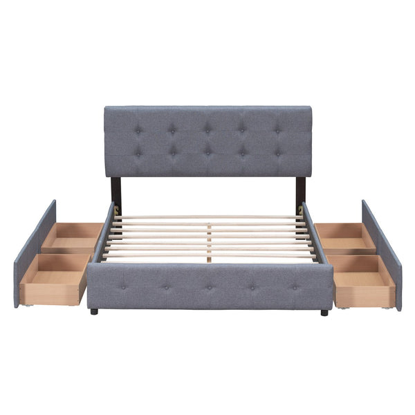 HomeRoots Dark Gray Linen Upholstered Queen Bed Frame with Drawers – Stylish Storage Solution for Modern Bedrooms 602162