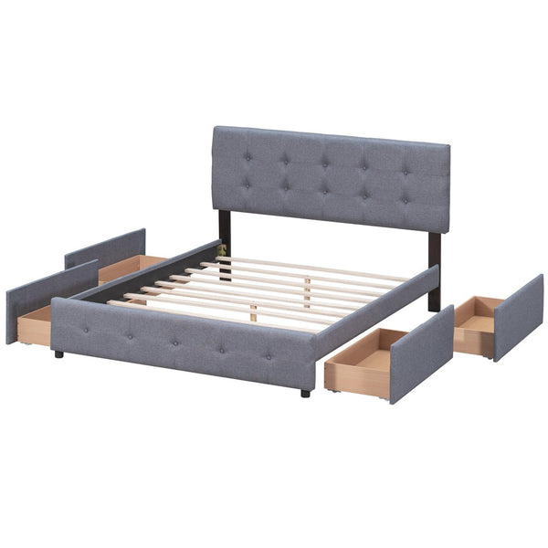 HomeRoots Dark Gray Linen Upholstered Queen Bed Frame with Drawers – Stylish Storage Solution for Modern Bedrooms 602162
