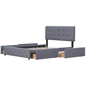 HomeRoots Dark Gray Linen Upholstered Queen Bed Frame with Drawers – Stylish Storage Solution for Modern Bedrooms 602162
