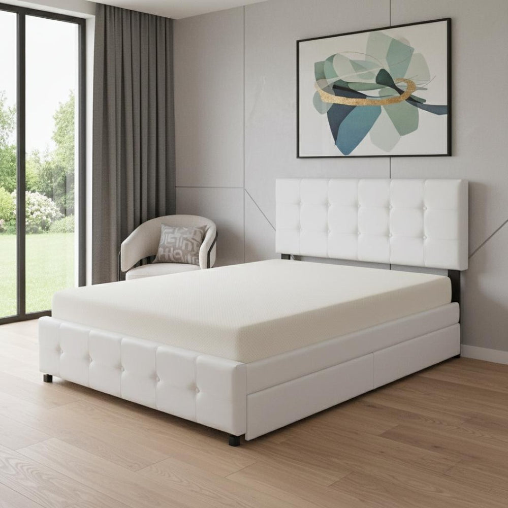 HomeRoots White Linen Upholstered Queen Bed Frame with Drawers – Stylish Comfort & Smart Storage Solution 602163