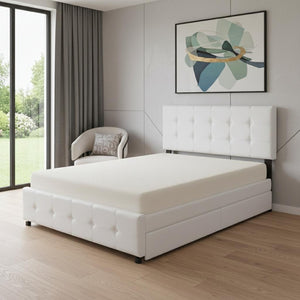 HomeRoots White Linen Upholstered Queen Bed Frame with Drawers – Stylish Comfort & Smart Storage Solution 602163