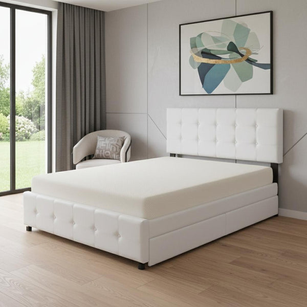 HomeRoots White Linen Upholstered Queen Bed Frame with Drawers – Stylish Comfort & Smart Storage Solution 602163