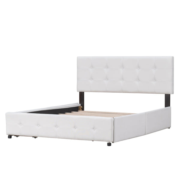 HomeRoots White Linen Upholstered Queen Bed Frame with Drawers – Stylish Comfort & Smart Storage Solution 602163