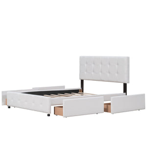 HomeRoots White Linen Upholstered Queen Bed Frame with Drawers – Stylish Comfort & Smart Storage Solution 602163