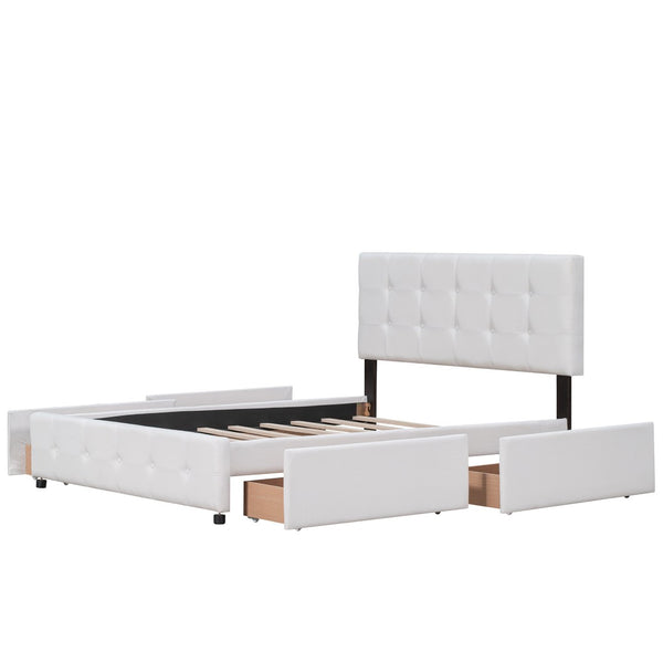 HomeRoots White Linen Upholstered Queen Bed Frame with Drawers – Stylish Comfort & Smart Storage Solution 602163