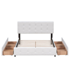 HomeRoots White Linen Upholstered Queen Bed Frame with Drawers – Stylish Comfort & Smart Storage Solution 602163