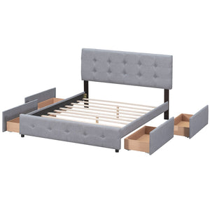 HomeRoots Light Gray Linen Upholstered Queen Bed Frame with Sleek Storage Drawers for Modern Bedrooms 602164