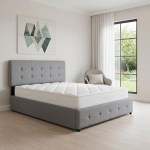 HomeRoots Light Gray Linen Upholstered Queen Bed Frame with Sleek Storage Drawers for Modern Bedrooms 602164