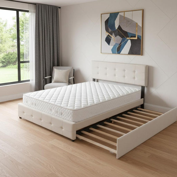 HomeRoots Beige Tufted Linen Queen Bed Frame with Trundle – Stylish, Functional, Modern Design for Your Bedroom 602165