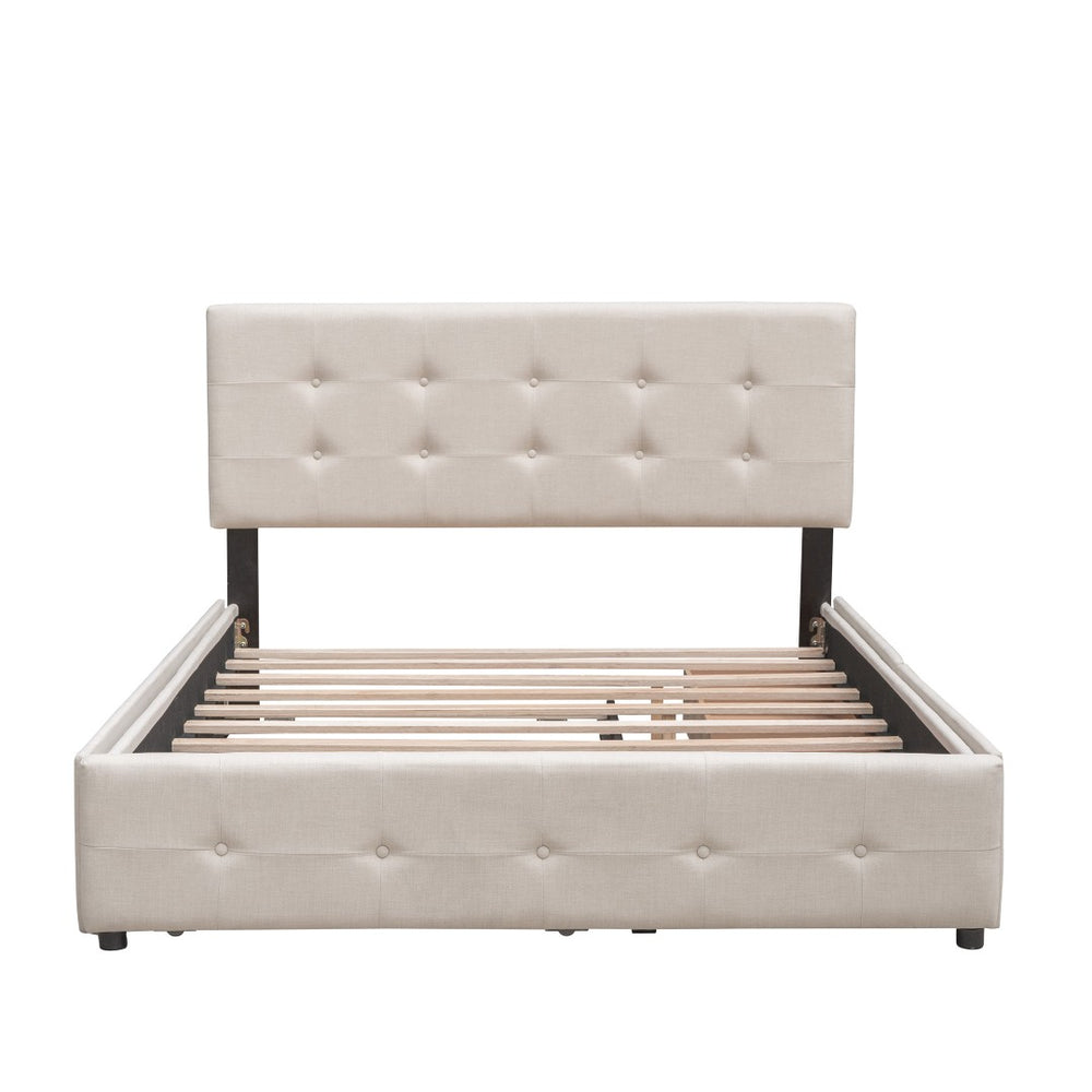 HomeRoots Beige Tufted Linen Queen Bed Frame with Trundle – Stylish, Functional, Modern Design for Your Bedroom 602165