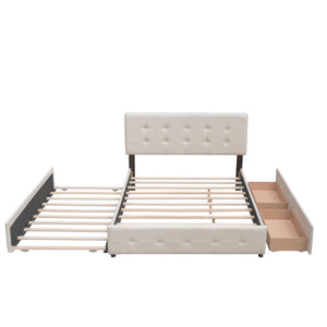 HomeRoots Beige Tufted Linen Queen Bed Frame with Trundle – Stylish, Functional, Modern Design for Your Bedroom 602165