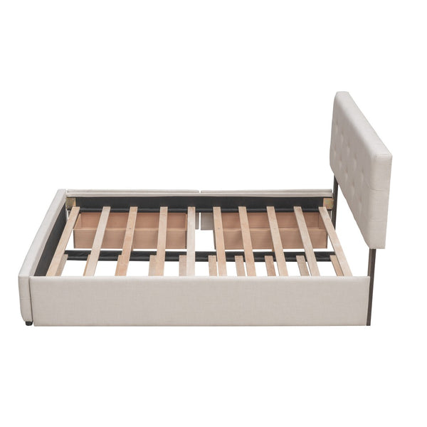 HomeRoots Beige Tufted Linen Queen Bed Frame with Trundle – Stylish, Functional, Modern Design for Your Bedroom 602165
