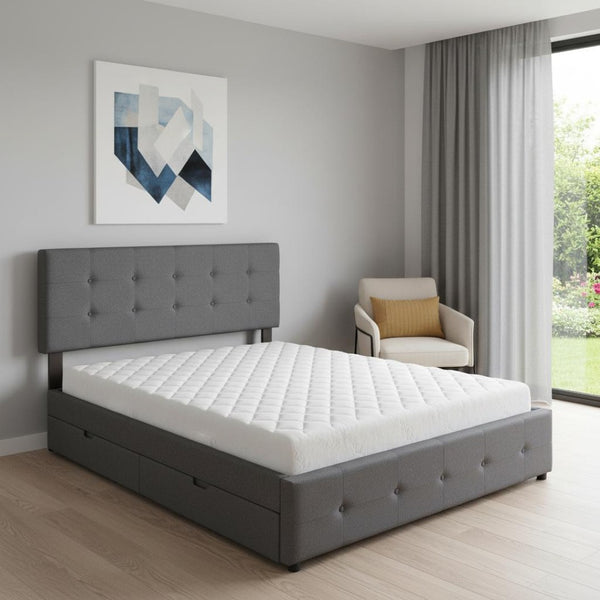 HomeRoots Dark Gray Linen Upholstered Queen Bed Frame with Integrated Drawers for Stylish Storage Solutions 602166