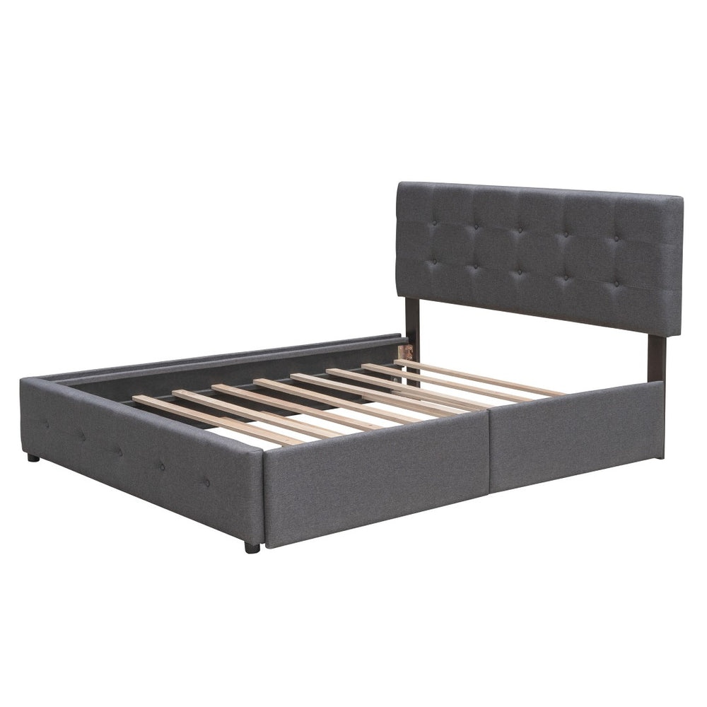HomeRoots Dark Gray Linen Upholstered Queen Bed Frame with Integrated Drawers for Stylish Storage Solutions 602166