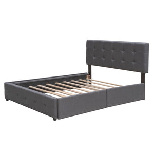 HomeRoots Dark Gray Linen Upholstered Queen Bed Frame with Integrated Drawers for Stylish Storage Solutions 602166
