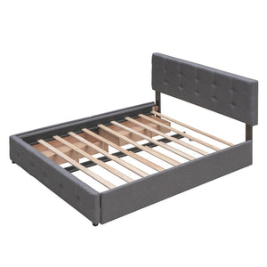 HomeRoots Dark Gray Linen Upholstered Queen Bed Frame with Integrated Drawers for Stylish Storage Solutions 602166