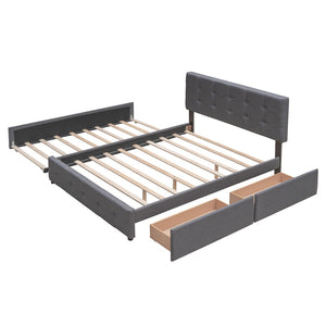 HomeRoots Dark Gray Linen Upholstered Queen Bed Frame with Integrated Drawers for Stylish Storage Solutions 602166