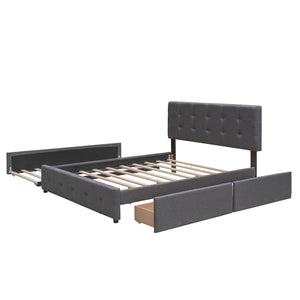 HomeRoots Dark Gray Linen Upholstered Queen Bed Frame with Integrated Drawers for Stylish Storage Solutions 602166