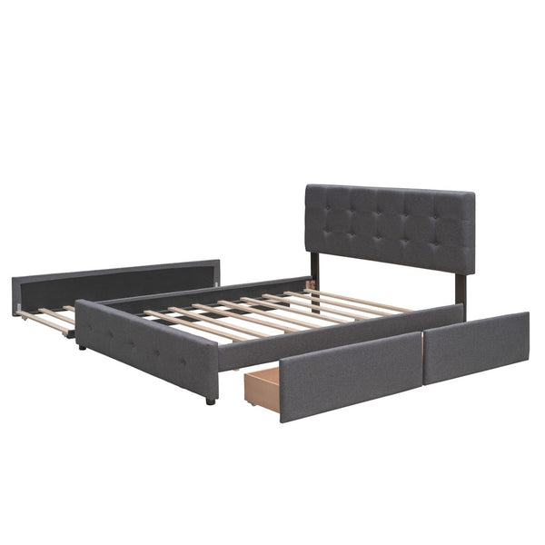 HomeRoots Dark Gray Linen Upholstered Queen Bed Frame with Integrated Drawers for Stylish Storage Solutions 602166