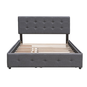 HomeRoots Dark Gray Linen Upholstered Queen Bed Frame with Integrated Drawers for Stylish Storage Solutions 602166