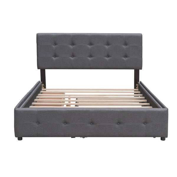 HomeRoots Dark Gray Linen Upholstered Queen Bed Frame with Integrated Drawers for Stylish Storage Solutions 602166