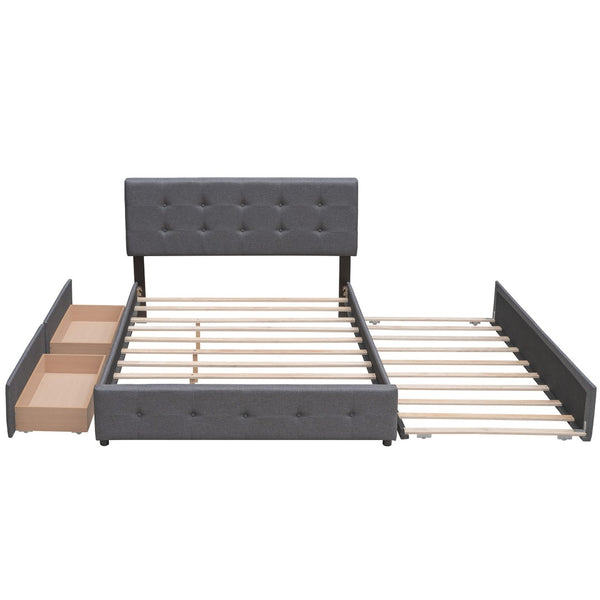 HomeRoots Dark Gray Linen Upholstered Queen Bed Frame with Integrated Drawers for Stylish Storage Solutions 602166