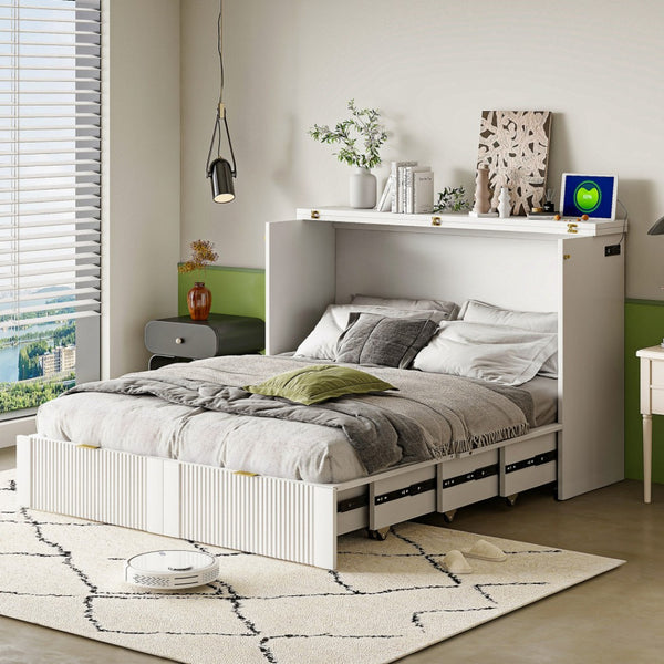 HomeRoots White Wood Full Murphy Bed: Elegant Space-Saving Design with Storage, Durable Construction & Style 602170