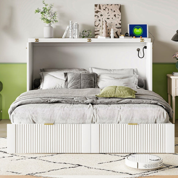 HomeRoots White Wood Full Murphy Bed: Elegant Space-Saving Design with Storage, Durable Construction & Style 602170