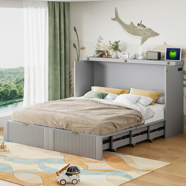 HomeRoots Gray Wood Queen Murphy Bed - Space-Saving Stylish Design with Storage for Modern Multi-Purpose Rooms 602171