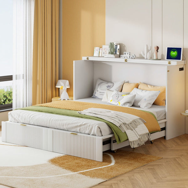 HomeRoots White Wood Queen Murphy Bed – Elegant Space-Saving Design with Built-In Storage for Ultimate Comfort 602172